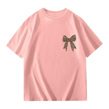 Sjldqy T Shirts For Girls Summer Leopard Print Bow Short Sleeve Crew Neck Loose Fit Everyday Wear Girls Clothes Size 3-4 Years Light Pink