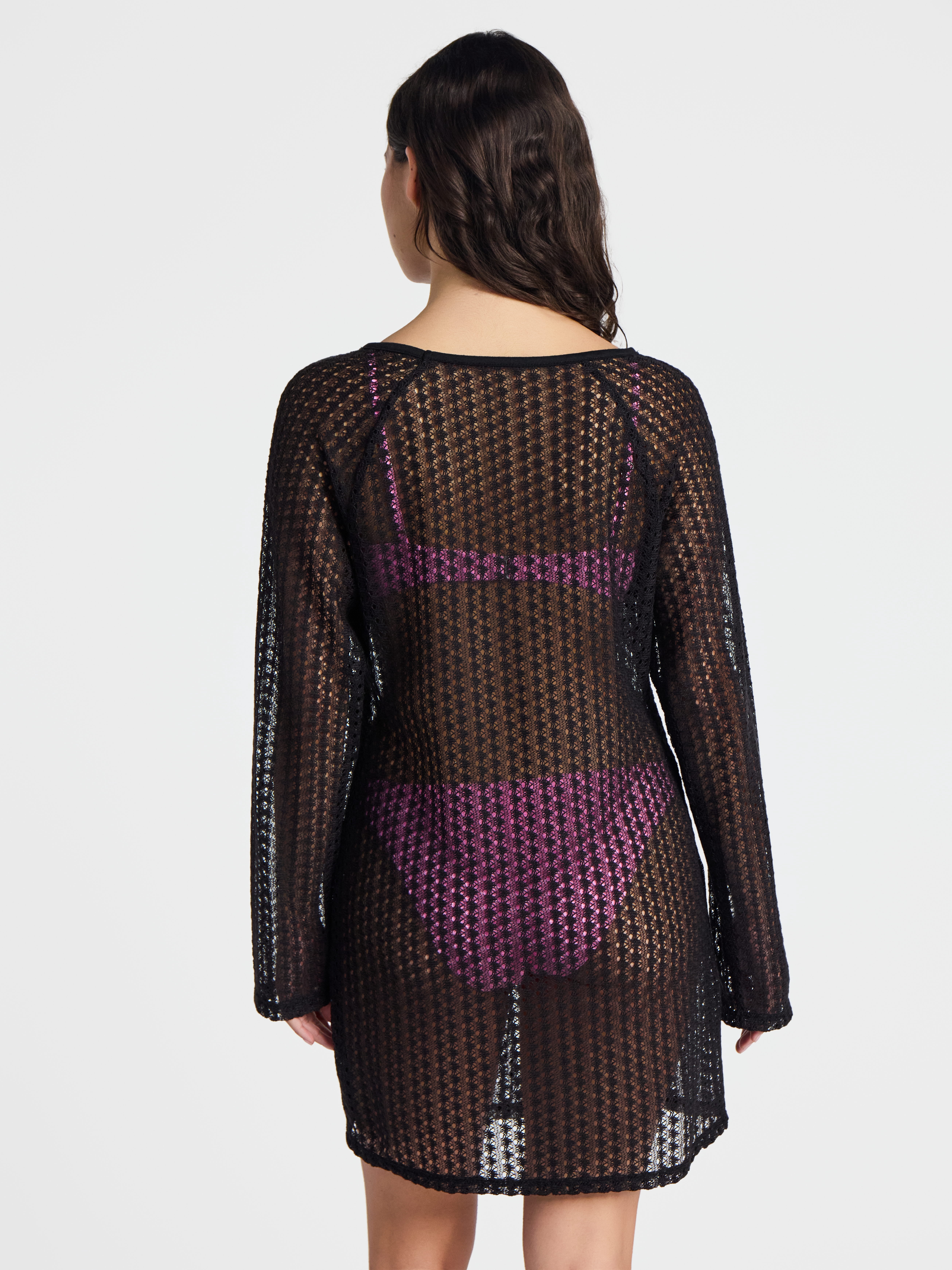 No Boundaries Crochet Raglan Dress Swim Coverup with Long Sleeves, Women's