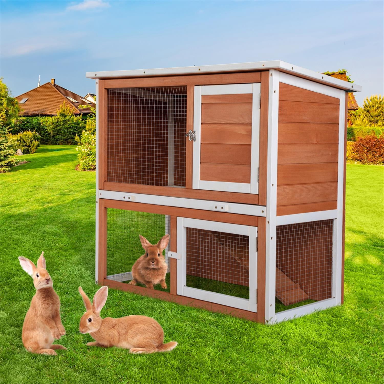 Pefilos 35" Indoor/Outdoor Rabbit Bunny Hutch for Multiple Small Pets Wooden Bunny Cage, Pet Hutches with Removable Tray Guinea Pig Hutch, Two Story Walking Chicken Coop, Orange Pefilos 35" Indoor/Outdoor Rabbit Bunny Hutch for Multiple Small Pets Wooden Bunny Cage, Pet Hutches with Removable Tray Guinea Pig Hutch, Two Story Walking Chicken Coop, Orange