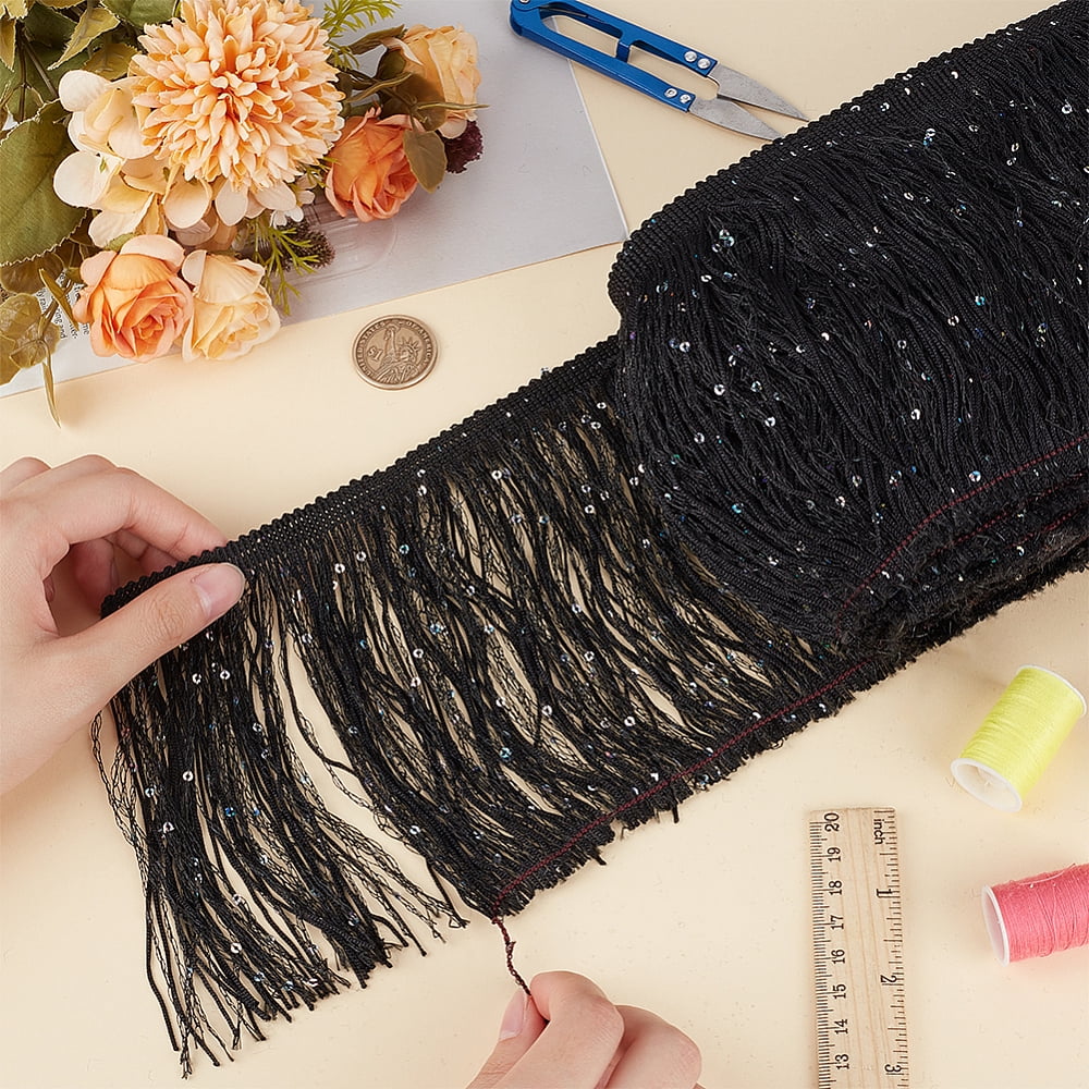 10yards Paillette Tassel Polyester Ribbon Trim Clothes Accessories Black 5-7/8 inch(150mm)