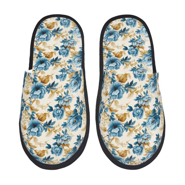 Fotbe Vintage Blue Flowers Pantuflas Peludas para Mujer con Estampado, Zapatillas de Peluche, Zapatos de Invierno para Casa, Uso Interior y Exterior-Large