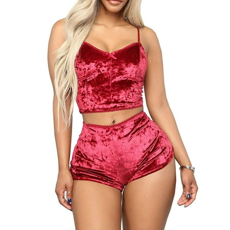 

Women Lingerie Set Slim Solid Color Sling Crop Top + Short Elastic Band Pants