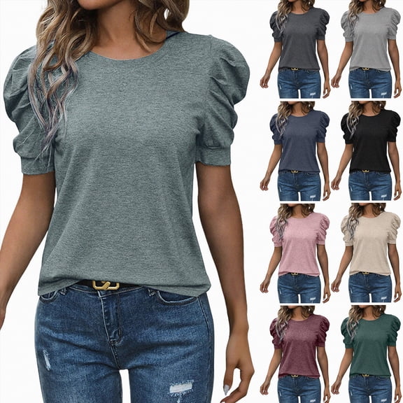vigerkar Women's Puff Short Sleeve T Shirts Crew Neck Tunic Dressy Casual Summer Vacation Tops (Dark Green, L)