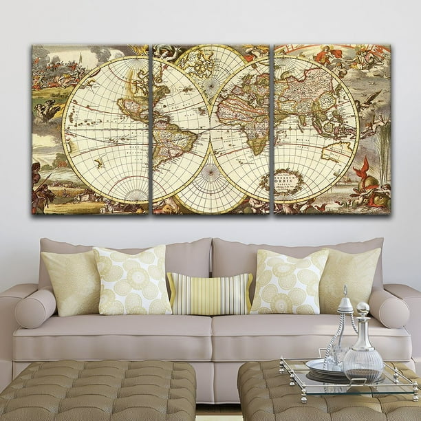 3 Panel Canvas World Map Wall26 3 Panel Canvas Wall Art - Vintage World Map - Giclee Print Gallery  Wrap Modern Home Decor Ready To Hang - 24"X36" X 3 Panels - Walmart.com
