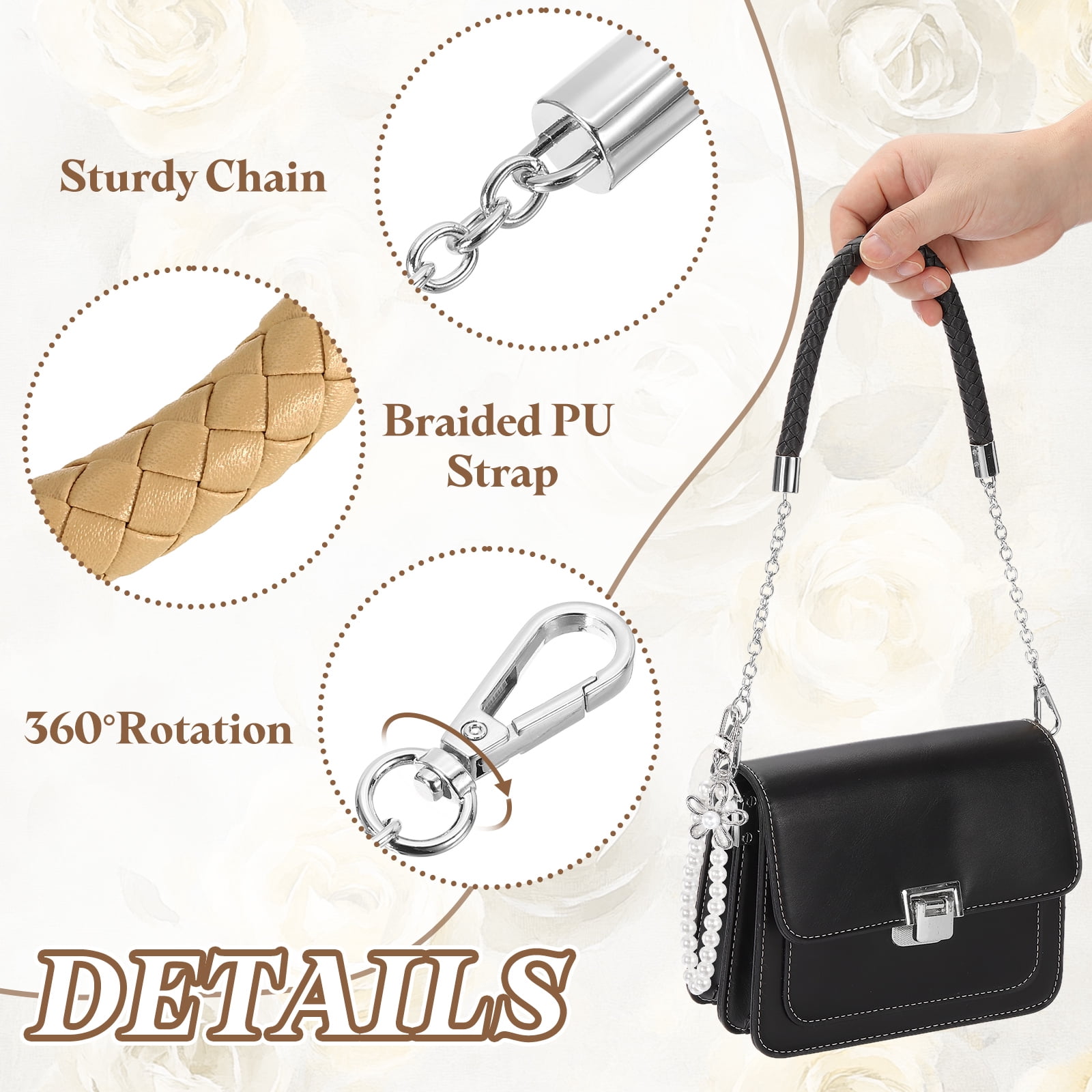 Uxcell 2 Pcs PU Leather Chain Purse Strap, 23.6 Inch Braided Purse Handles Replacement Strap with Pearl Pendant for Tote Bag Handbag Underarm Bag (Apricot, Silver Chain)