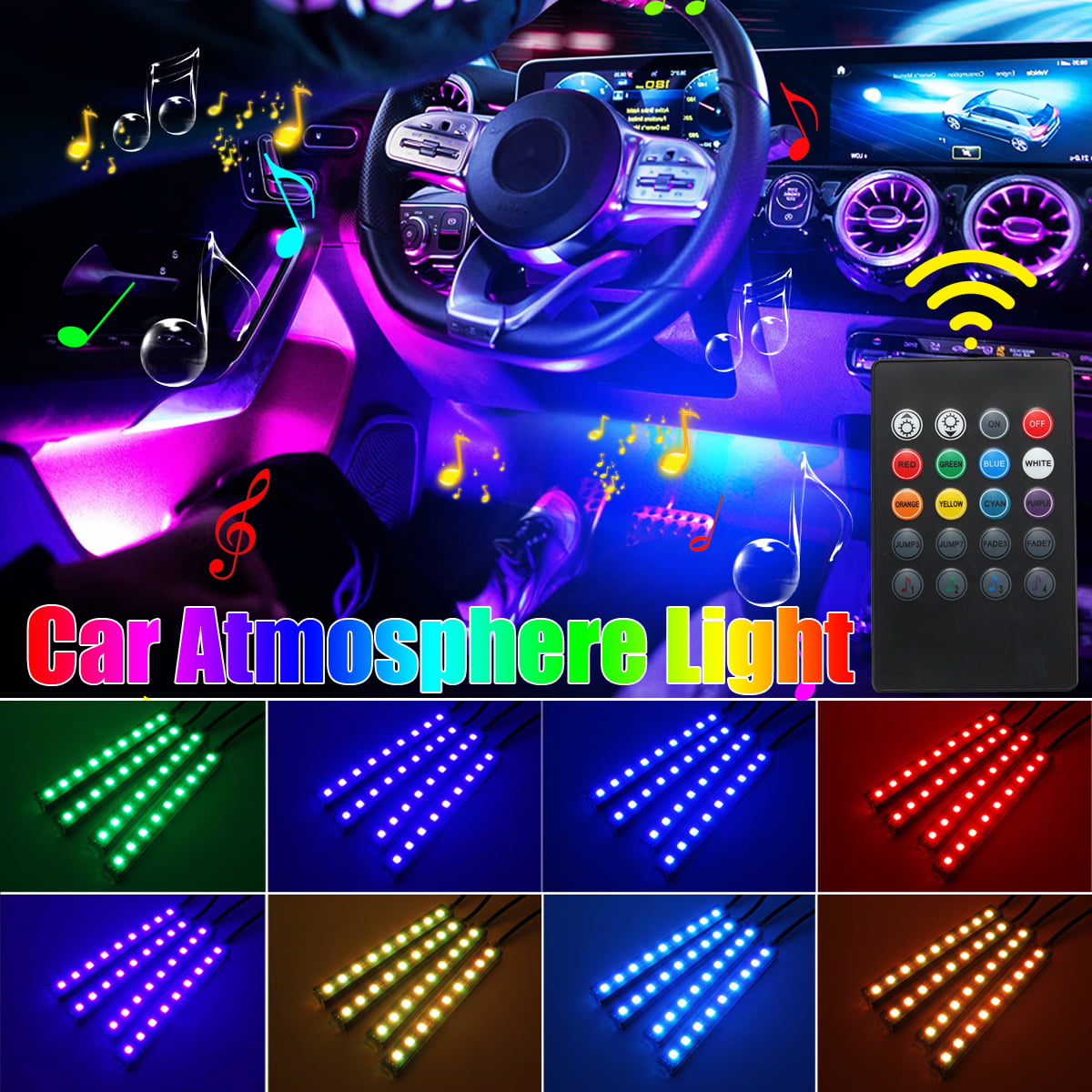 4pcs 48 LED Waterproof Multi DIY Color Music Car Lighting with Car Charger and DC 12V Shynerk Interior Car Lights Car LED Strip Light 2-in-1 Design Remote and APP Controller Lighting Kits 