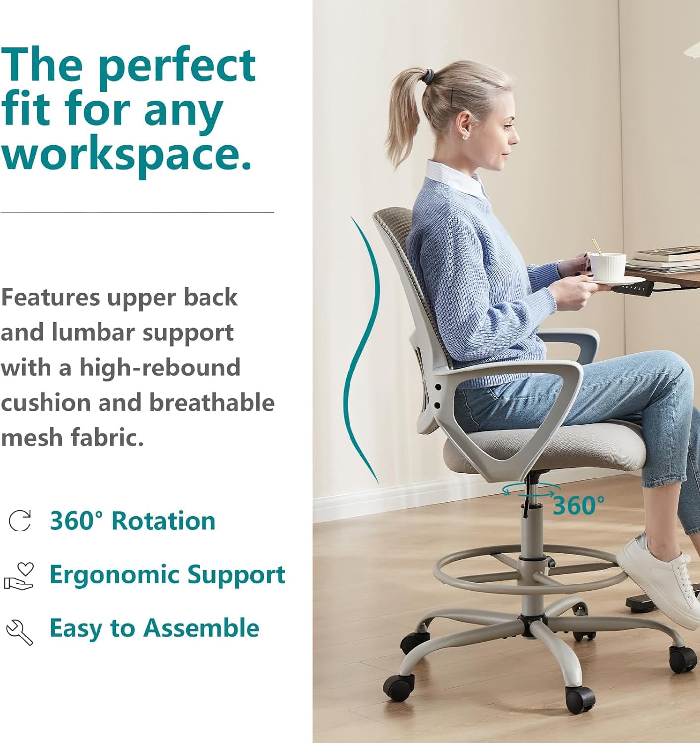 Howcool Drafting Chair Tall Office Chair with Adjustable Foot Ring, Height Adjustable Swivel Rolling Counter Height Chair for Standing Desk Home Office