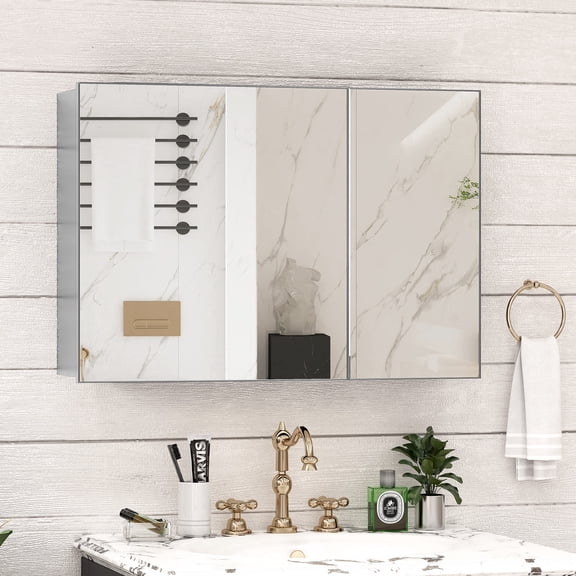 Caulitar Silver Mirrored Medicine Cabinet, Wall Mounted Bathroom Mirror Cabinet, 35x23inch, Aluminum