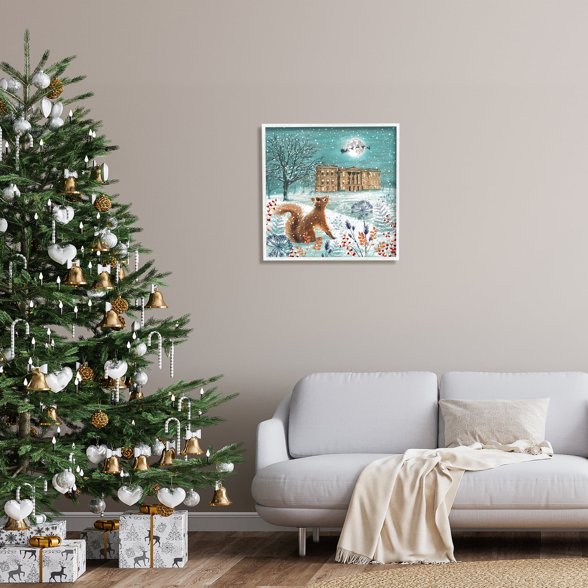 Stupell Industries Squirrel Watching Santa Claus Holiday Painting White Framed Art Print Wall Art