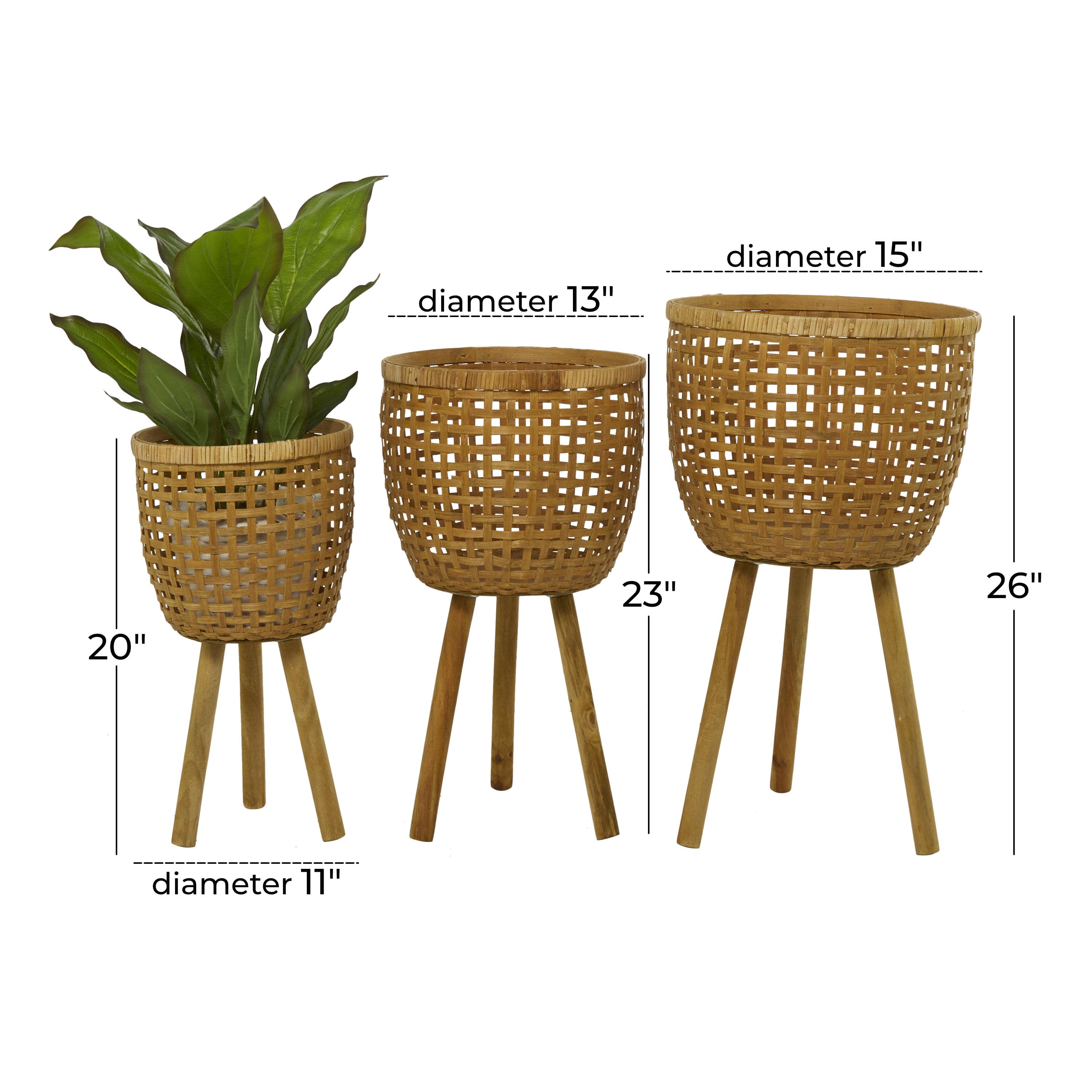 DecMode 26", 23", 20"H Handmade Woven Basket Brown Bamboo Wood Planter with Wooden Tripod Legs (3 Count)