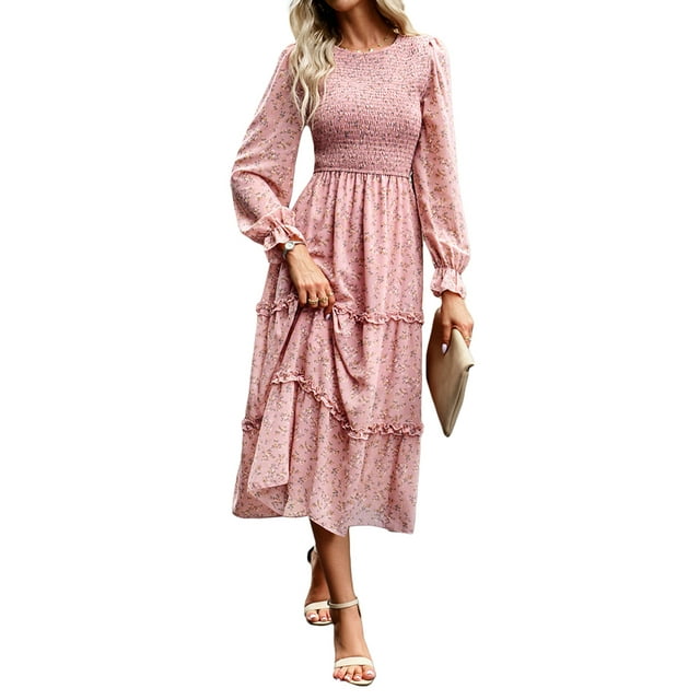 Mialoley Femme Bohème Robe Florale, Manches Longues Col Rond Smocké une Ligne Robe Longue Flowy Robe