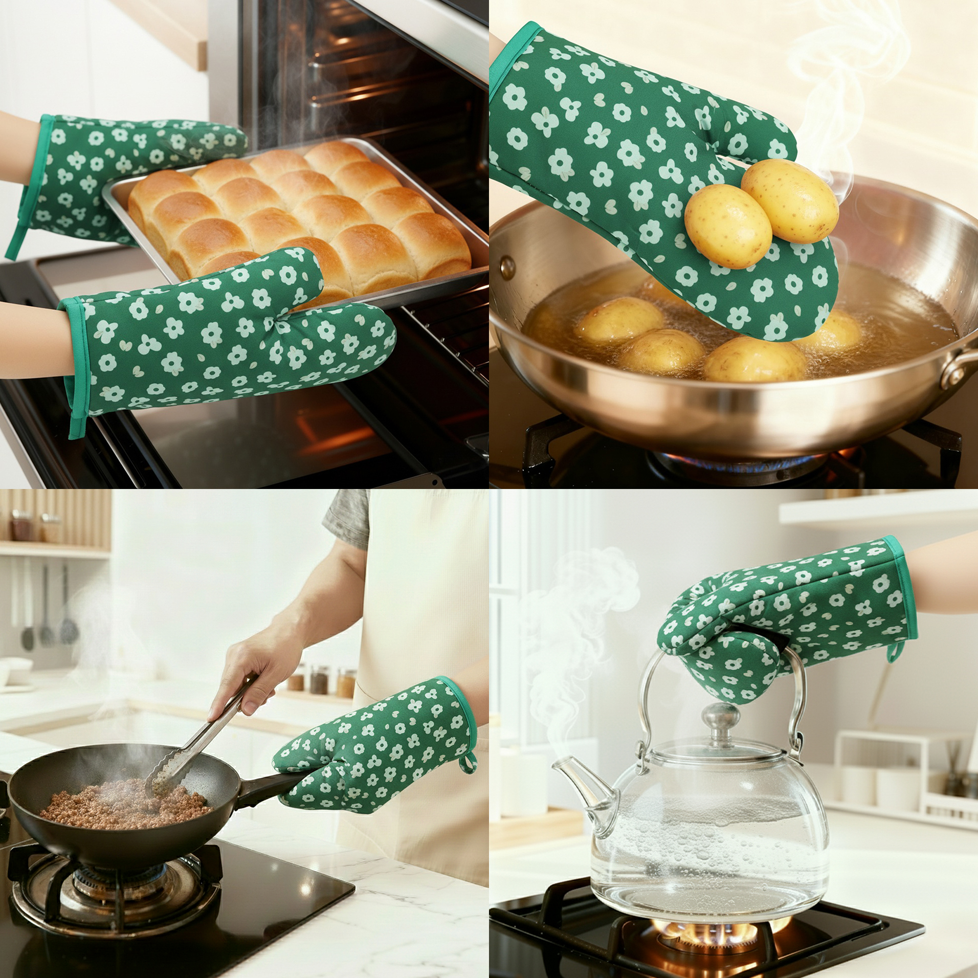 Unique Bargains Soft Heat-Resistant Cotton Oven Mitts 2 Pcs Green 10.2x5.5 Inch