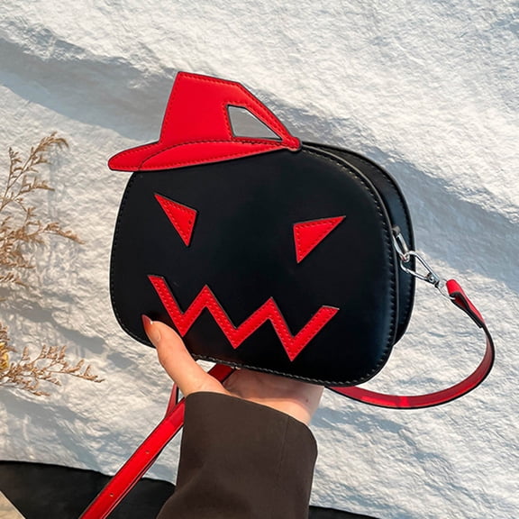 Black Halloween Pumpkin Crossbody Bag with Red Jack O Lantern Face & Witch Hat, Novelty Trick or Treat Mini Shoulder Purse Handbag