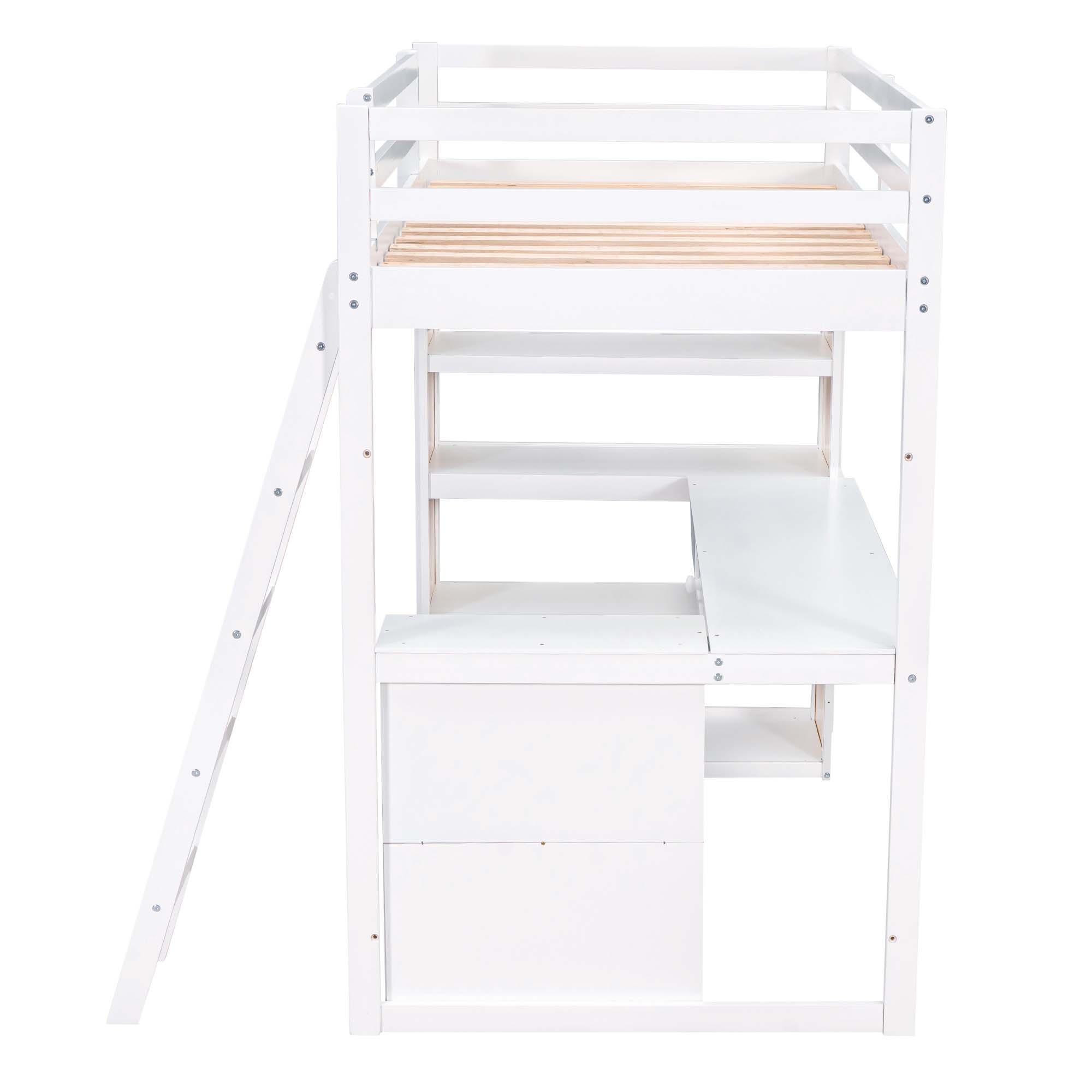 Aukfa Twin Loft Bed with Desk and Storage Shelves, Wood Loft Bed with Drawer for Kids, Teens - White