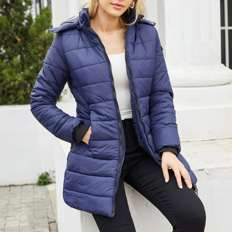 Winter Coats for Women,Reversible Winter Coat,with Detachable Hood,Women  Solid Casual Thicker Winter Jacket Coat Overcoat (Color : Dark Blue, Size :  Medium) : : Clothing, Shoes & Accessories