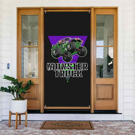 Door Banner Decorations Monster Truck Jam Porch Sign Banner Indoor Outdoor Wall Home Party Supplies 72.8 x 35.4 Inch