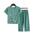 thumbnail image 2 of Women Cotton Linen Pajamas Set Comfy Pajamas, Ladies Pyjamas Set Floral Printing Short Sleeve Loungewear Top and Wide Leg Pants Cropped Trousers Soft Nightwear Sleepwear Mint Green XXL, 2 of 3