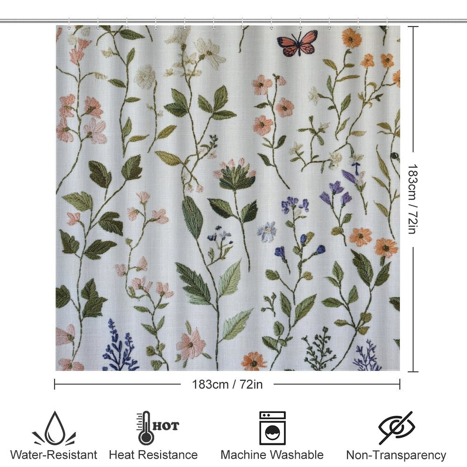 Sage Green Wild Flower Plant Shower Curtain Sets 4 Piece Shower Curtain Set with Non-Slip Rugs Toilet Lid Cover And Bath Mat Seasonal Floral Butterfly Durable And Waterproof for Bathroom Decor