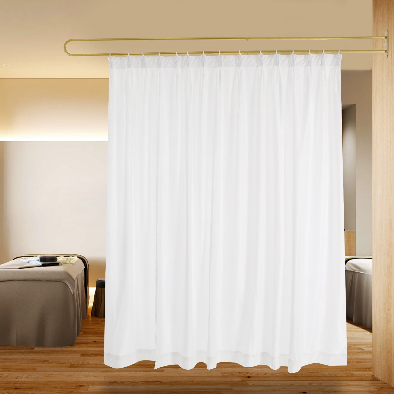 Gold U Shape Curtain Rod 7.5ft, Ceiling Mounted Privacy Partition with White Sheer Fabric, Heavy Duty Iron Curtain Track Room Divider for Bedroom Studio Office, Easy Installation