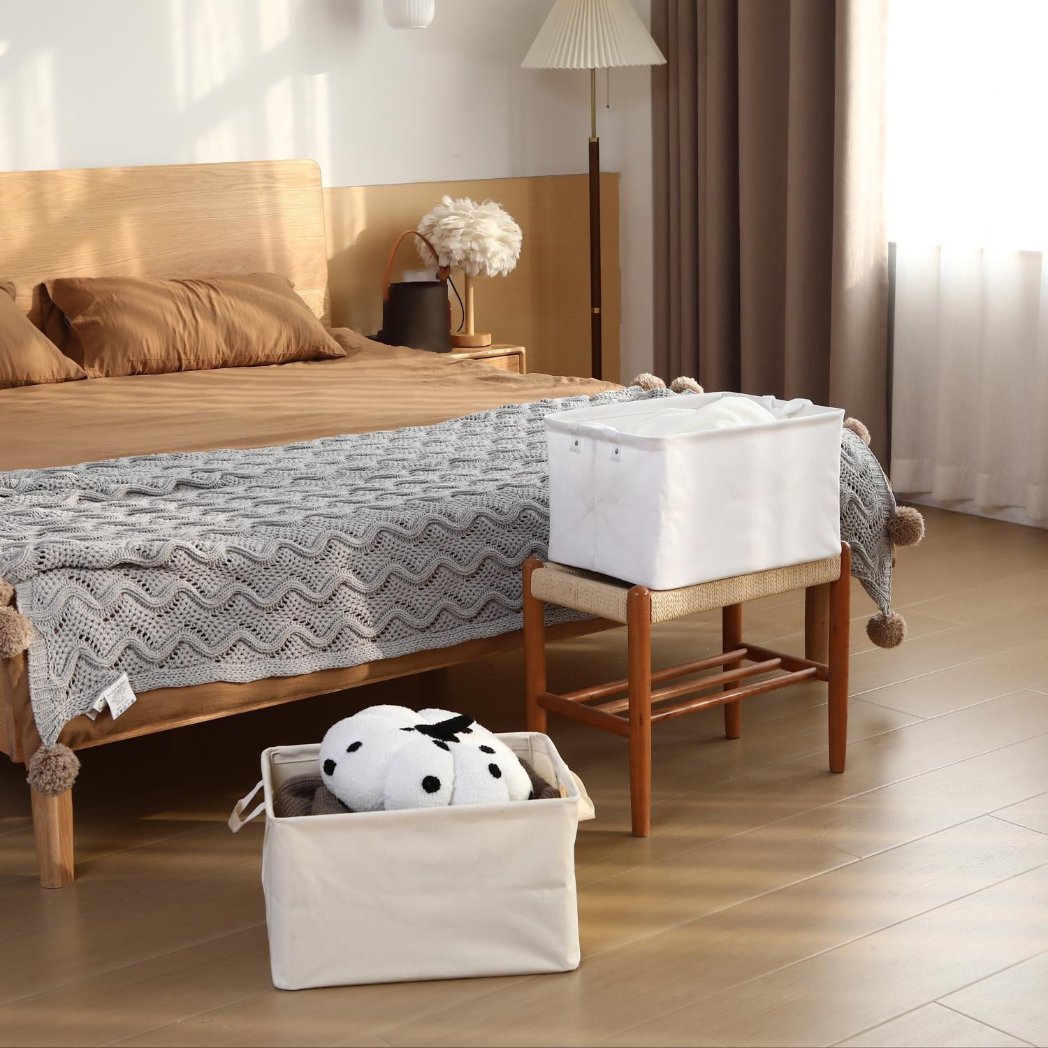 Sea Team 2-Pack Large Canvas Storage Bins for Shelves with Metal Frame, Rectangle Storage Baskets, Closet Organizers, Foldable Laundry Hampers, Containers for Clothing, Blankets, Toys, White