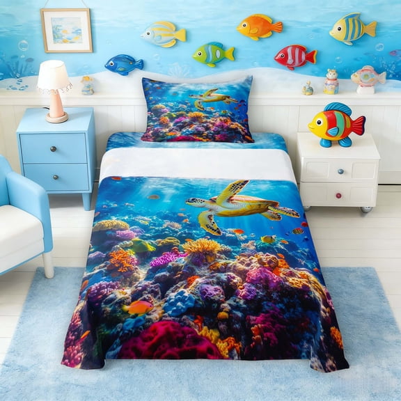 Manfei Sea Turtle Twin Sheet Sets for Kids Boys and Girls, Colorful Coral Bedding 3 Pieces, 1 Flat Sheet, 1 Fitted Sheet and 1 Pillowcase