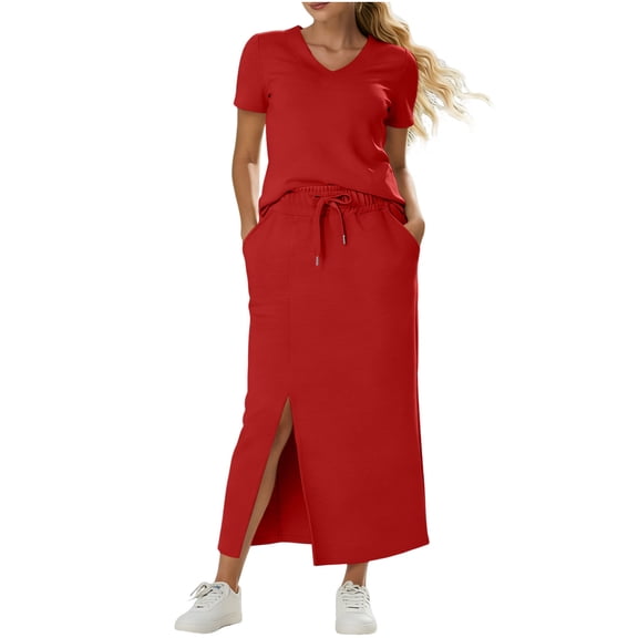 Two Piece Skirt Sets for Women Summer Casual Vacation Outfits V-Neck Top & Elastic Waist Midi Side Slit Skirt