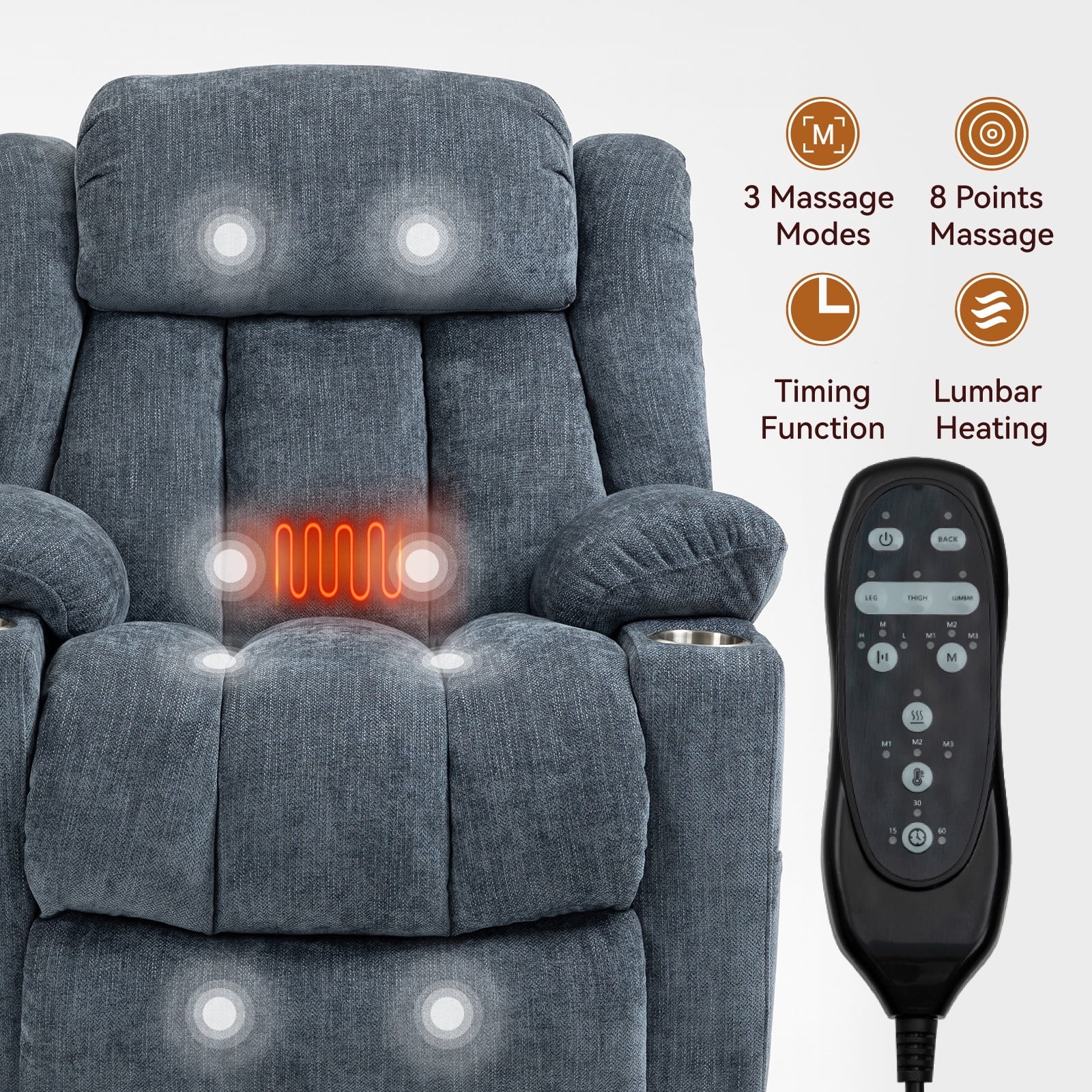 Power Lift Recliner Chair for Elderly with Massage & Heat, Heavy Duty 350 lbs Capacity,Electric Reclining Chair with USB Ports, Cup Holders, Pillow Top Arms, Medium-Firm Blue Chenille