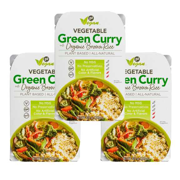 24Vegan Vegetable Green Curry with Organic Brown Rice - 100% Vegan, Non - GMO, Organic - JUST HEAT AND EAT - 3 PACK