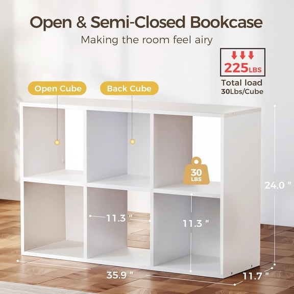 6-Cube Storage Organizer with Removable Back Panels, White Cube Bookshelf for Home Office Bedroom Living Room, Vertical or Horizontal Use