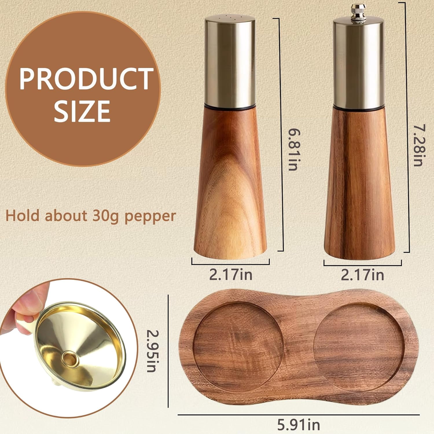Wooden Salt and Pepper Grinder Set: Acacia Wood Salt Grinder Refillable, Manual Salt and Pepper Mill with Ceramic Core - Customized Coarseness, Salt and Pepper Shaker Set for Kitchen (Gold)