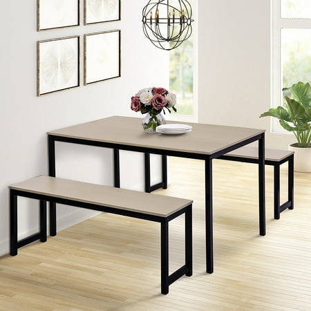 URHOMEPRO Dining Room Table Set, 3-Piece Breakfast Nook Dining Table Set with Two Benches, Dining Room Table Set Kitchen Table Set with Metal Frame, Modern Furniture for Home Cafeteria, Beige, Q14490