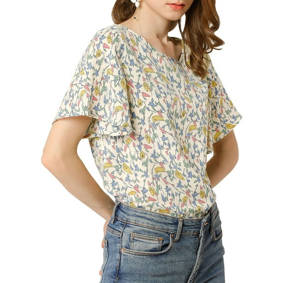 Allegra K Women's Floral Butterfly Short Sleeve Round Neck Casual Blouse Tops