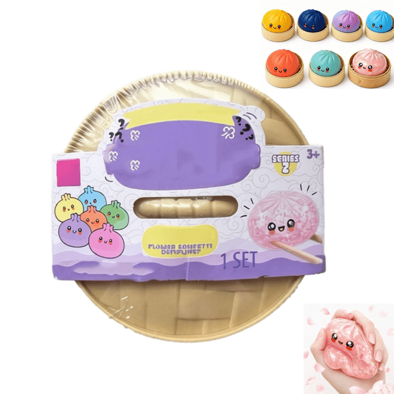 Cherry Mystery Dumpling Squishy Box, Holographic Bao Bun Squishies Cherry Blossom, Sensory Fidget Squeeze Toy with Steamer Basket for Party Favors Holiday Presents A-Random 1PC