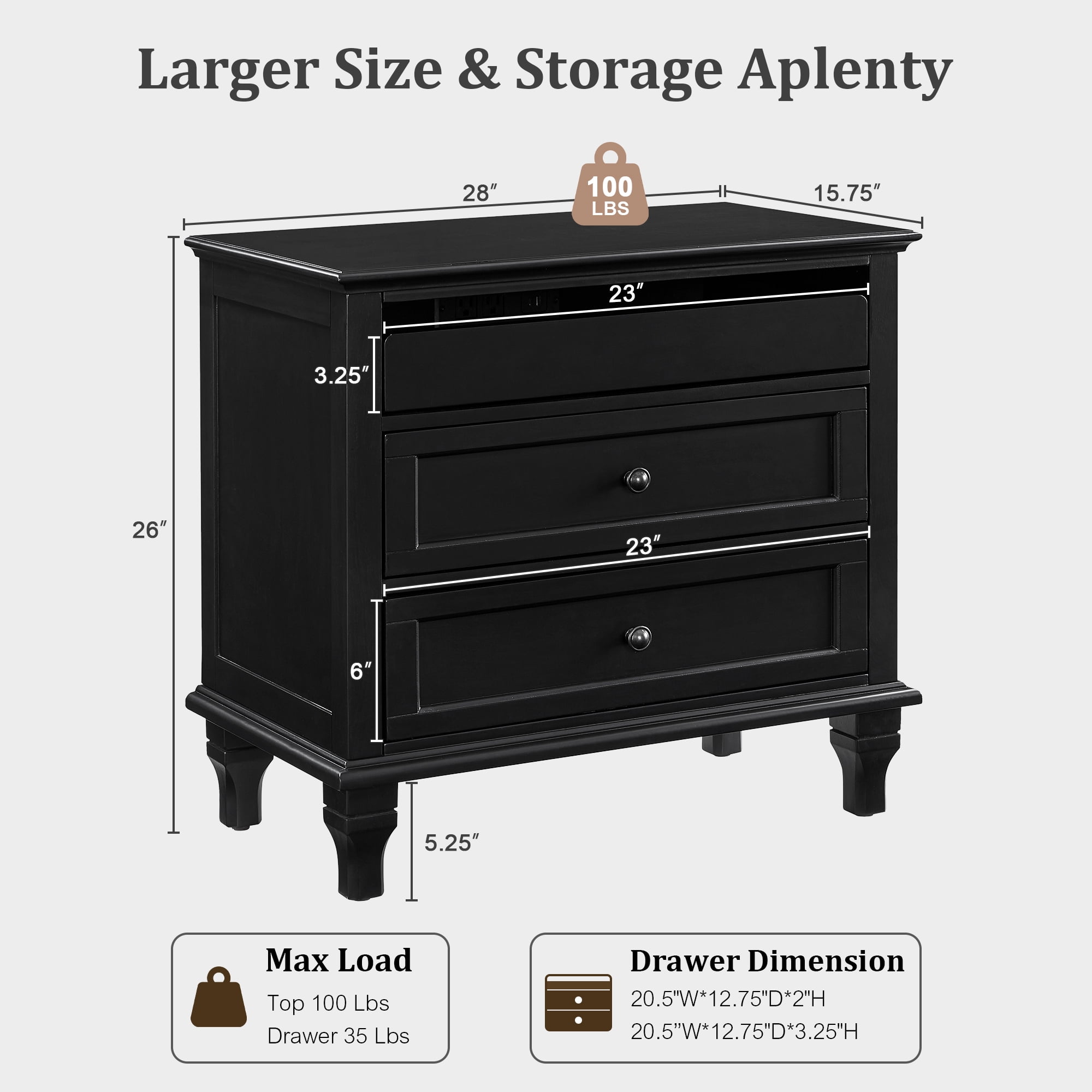 Leumius 28" Nightstand with Charging Station, Farmhouse Bedside Table with 3 Drawers, USB and Type-C Ports, Storage End Table for Bedroom Living Room Office Black
