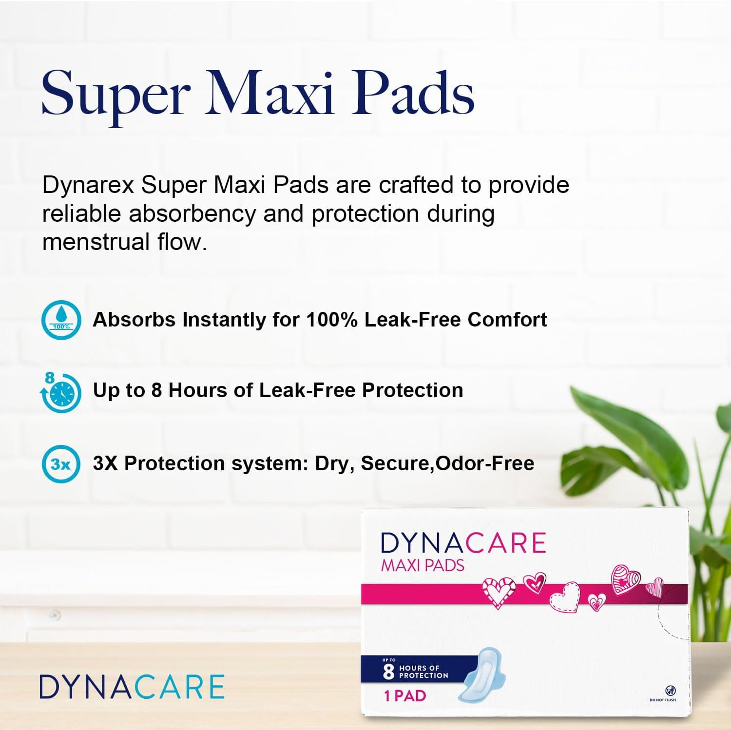Dynarex Super Maxi Pads without Wings, Sanitary Feminine Pads, Unscented, High Absorbency, 250 Count