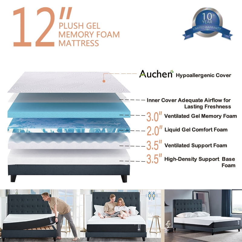 12 Inch Cool Gel Memory Foam Mattress Queen, Auchen 4 Layers Medium