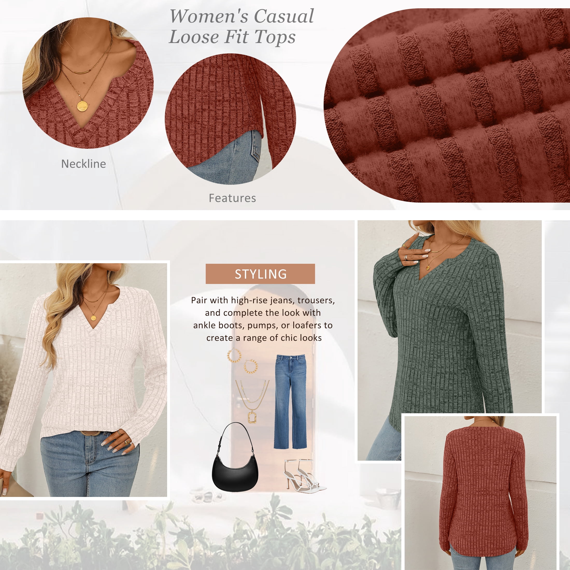 Womens Tops Long Sleeve V Neck Shirts Fall Sweater Casual Blouses Fashion Outfits