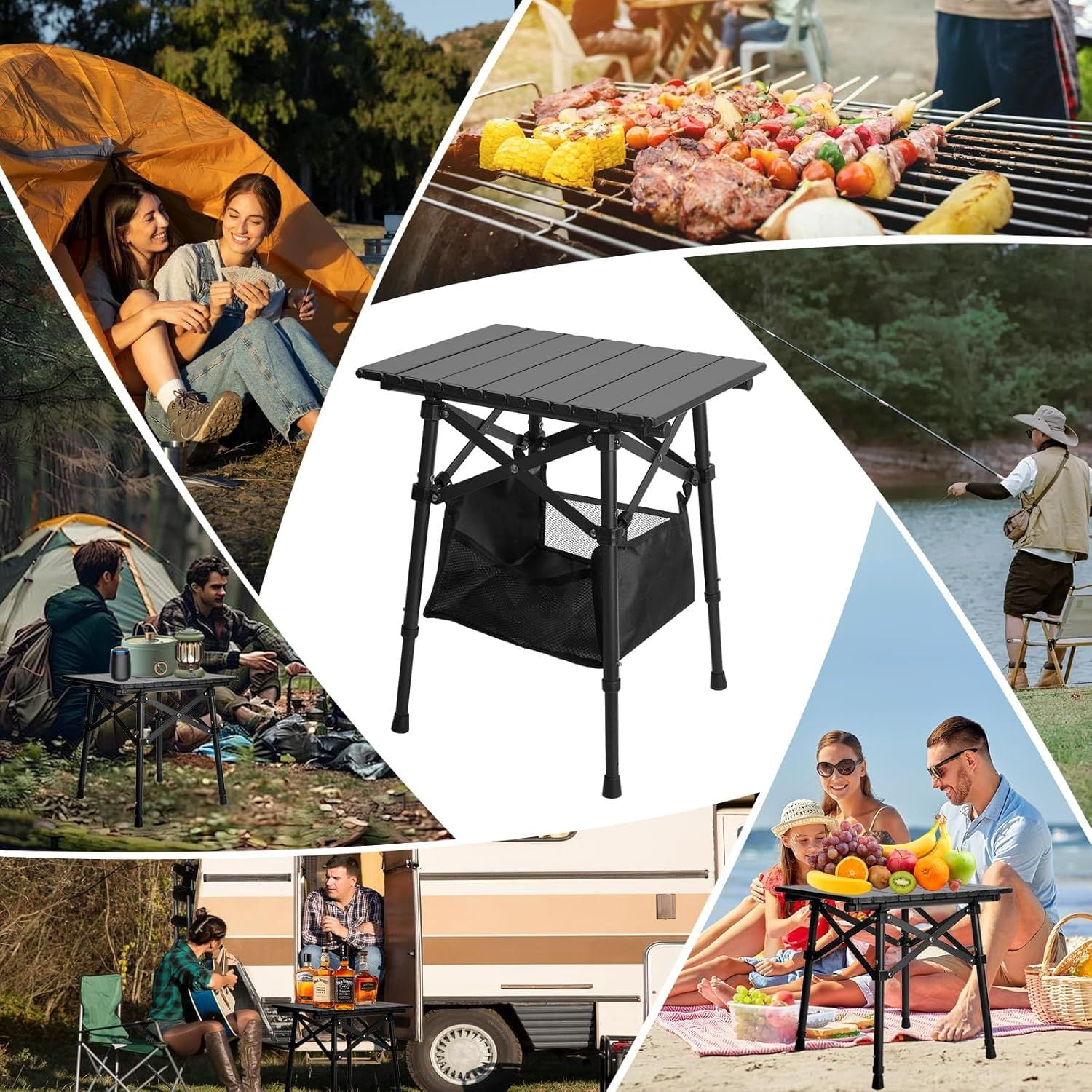 Folding Camping Table, Small Outdoor Table with Storage Bag, Adjustable Height 14.2" & 18.9", Portable Lightweight Aluminum Foldable Side Table for Picnic, BBQ, Beach & Tailgating
