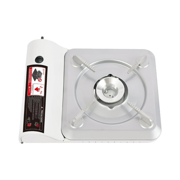 3500W Portable Butane Camp Stove in Silver & White - 60 Flame Outdoor Cooker with Windshield for Camping & Picnics