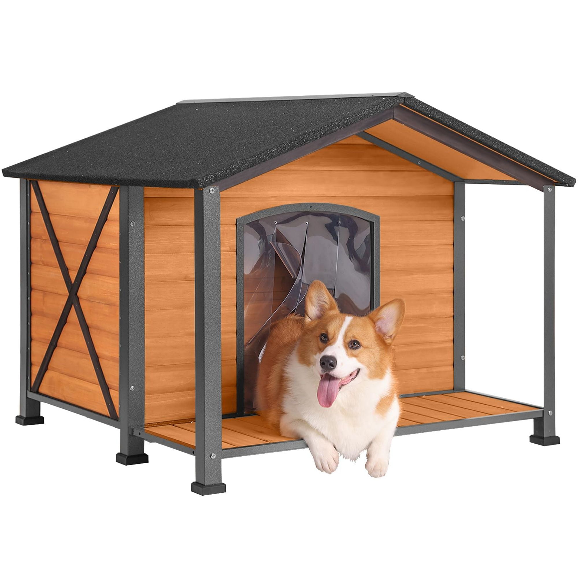 Aivituvin Anti-Chewing Outdoor Dog House with Iron Frame, 41.4"D Weatherproof Wooden Dog Kennels with Large Porch for Outdoor & Indoor, Brown
