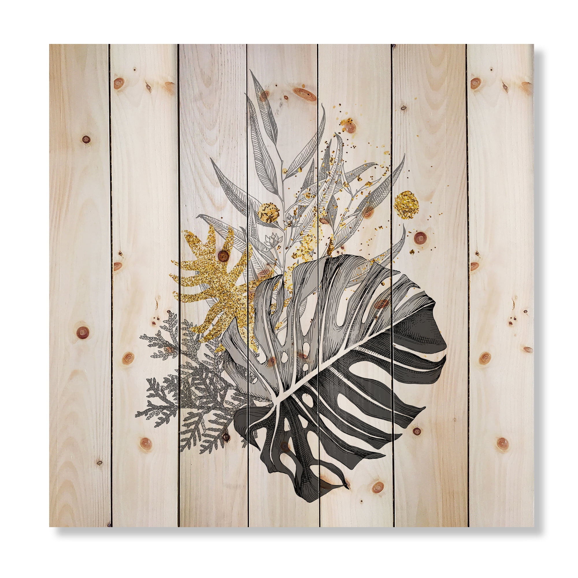 Designart 'Bouquet With Golden Tropical Leaves and Monochrome' Tropical Print on Natural Pine Wood