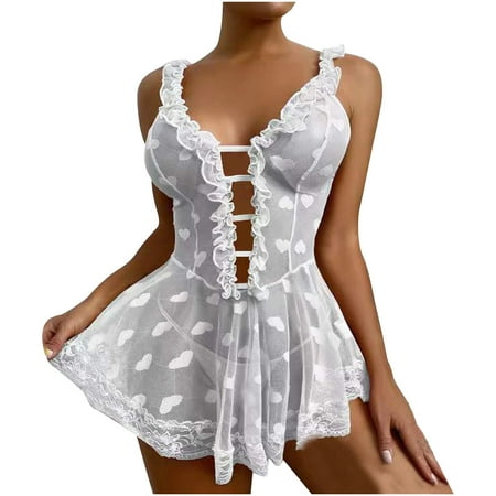 

AnuirheiH Women Lingerie Sets Sexy Soild Heart Print Lace Splicing Mesh Nightdress On Sale