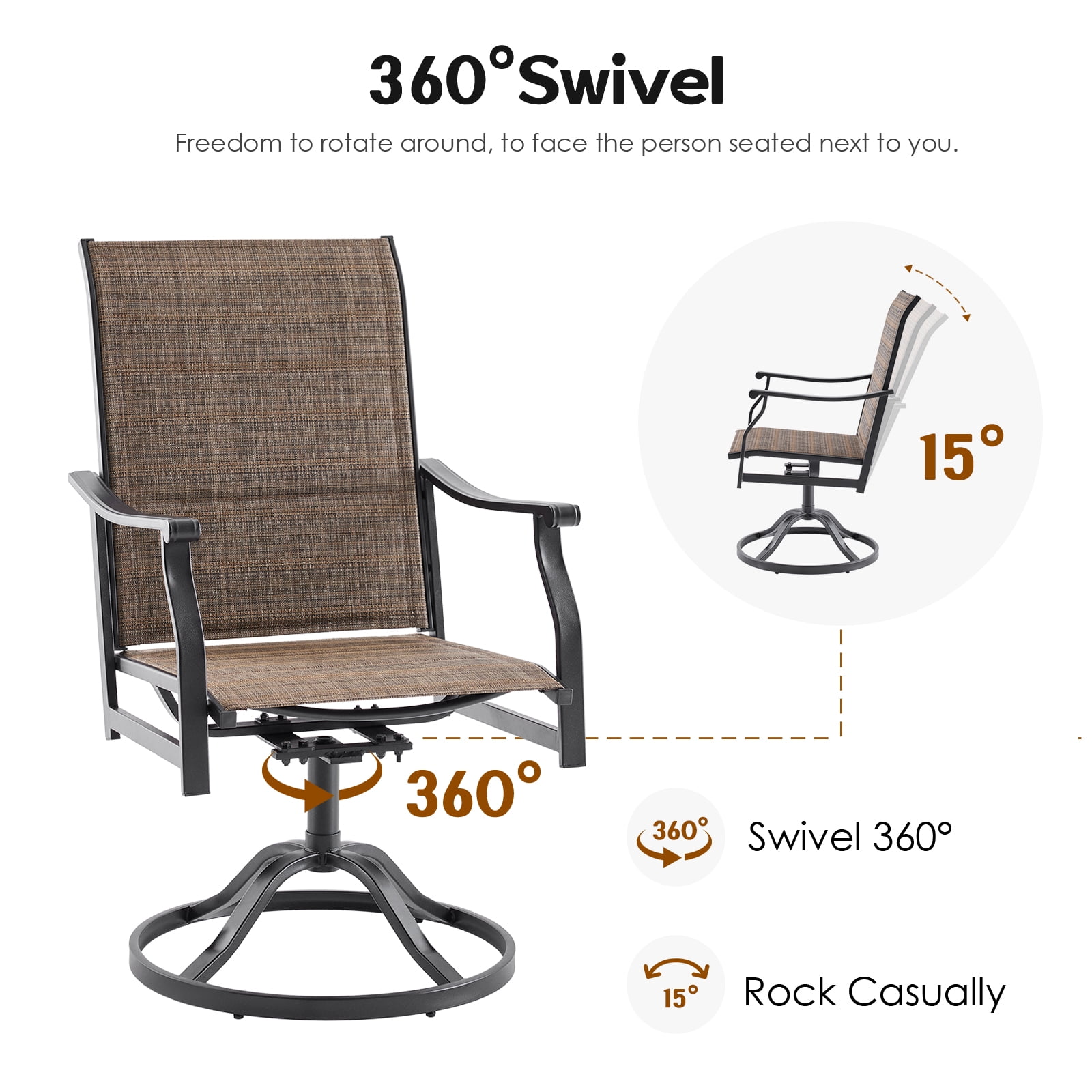 STARY 7 Pieces Outdoor Dining Set with 1.57" Umbrella Hole, Patio Swivel Dining Textilene Chairs and 47.2" Iron Round Table for 6 People, Poolside