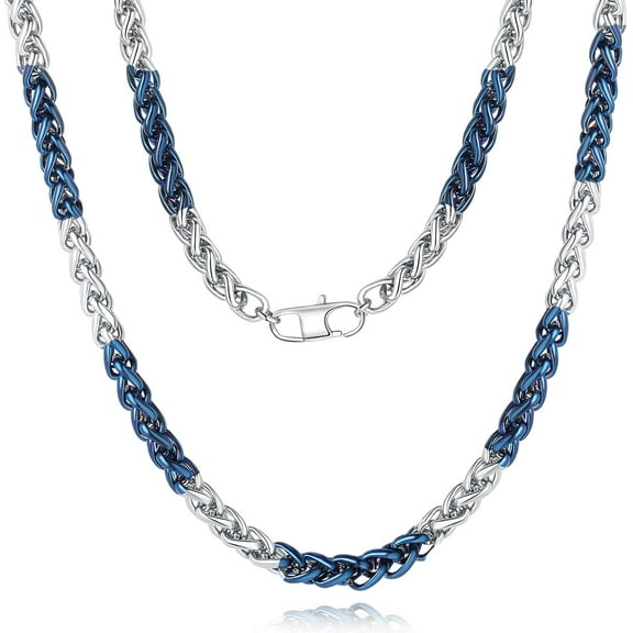 Chain Necklace for Men, Wheat Link Chains Titanium Steel Mens Cool Jewelry Gifts Blue to Silver 6MM-24