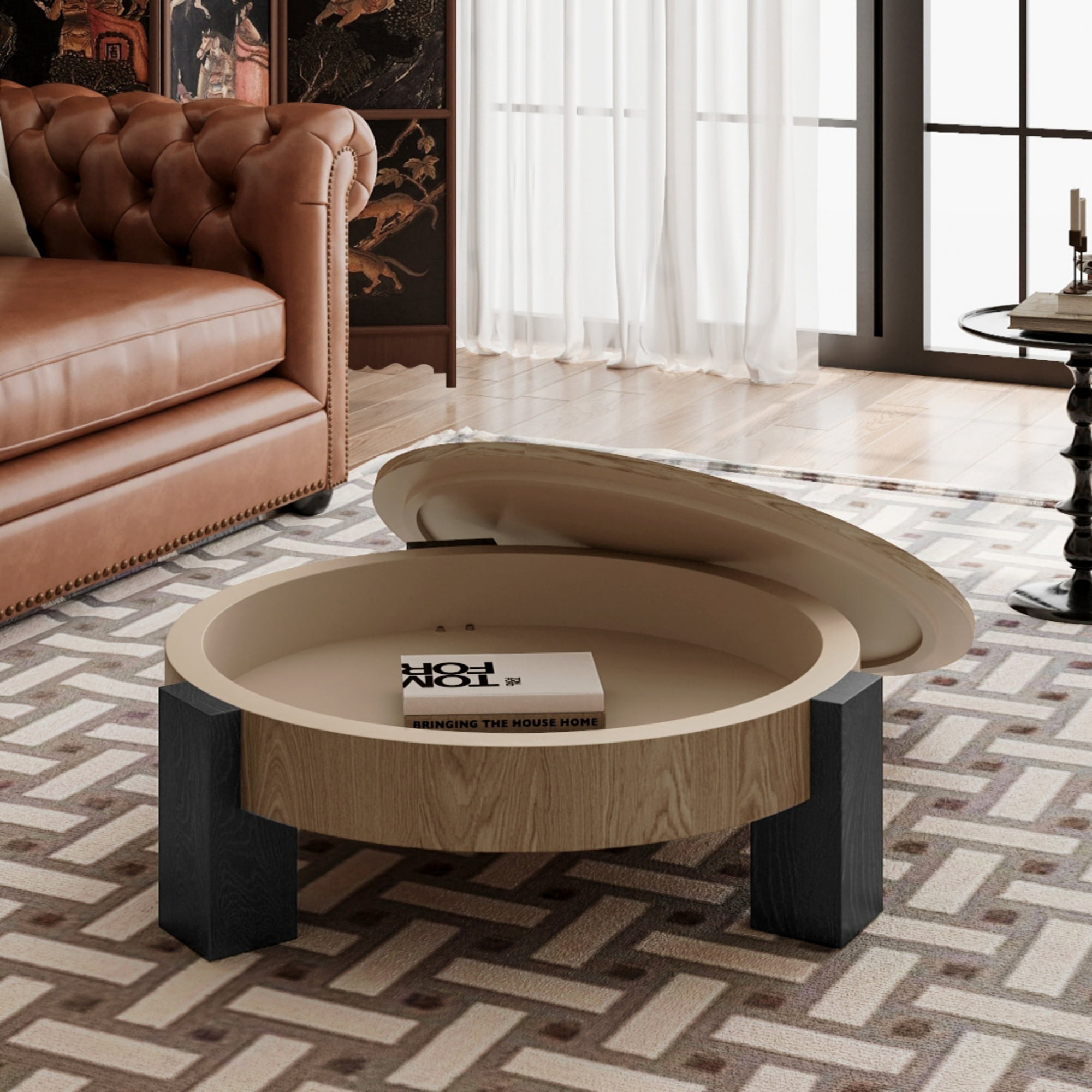 1PCS Round Coffee Table with Hidden Storage Compartment, Modern Wood Veneer Accent Center End Table with 3 Block Legs