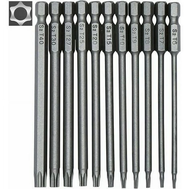 Juego de 11 puntas Torx largas para destornilladores y atornilladores eléctricos - Puntas magnéticas - Vástago hexagonal de 1/4" - Tamaños T6 a T40 - Longitud 100 mm
