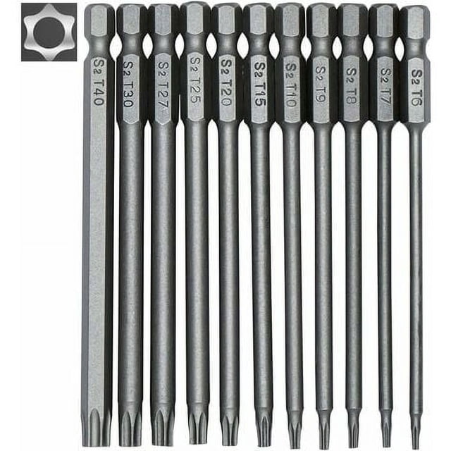 Juego de 11 puntas Torx largas para destornilladores y atornilladores eléctricos - Puntas magnéticas - Vástago hexagonal de 1/4" - Tamaños T6 a T40 - Longitud 100 mm