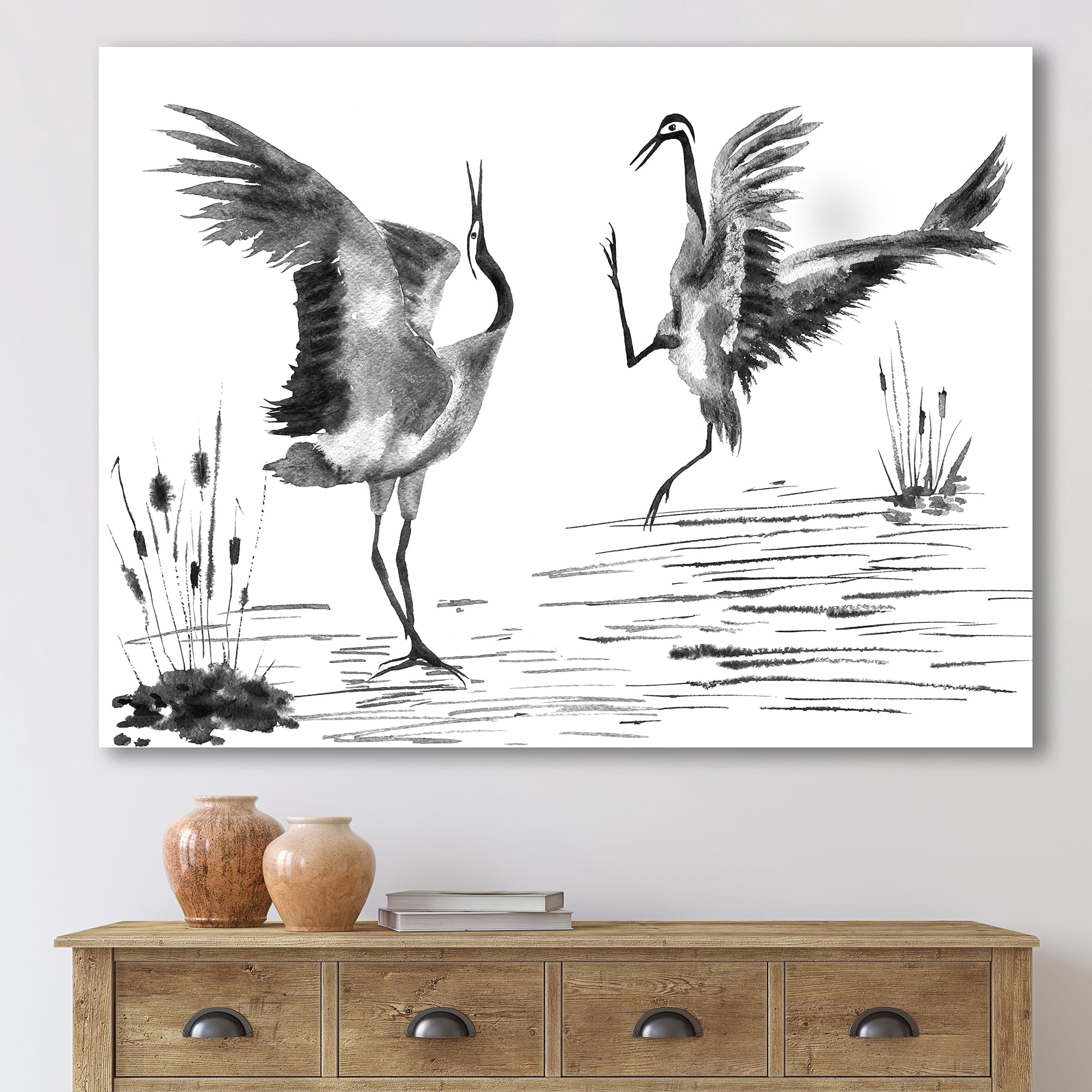 Designart ' Monochrome Two Enamored Japanese Cranes Birds ' Traditional Canvas Wall Art Print
