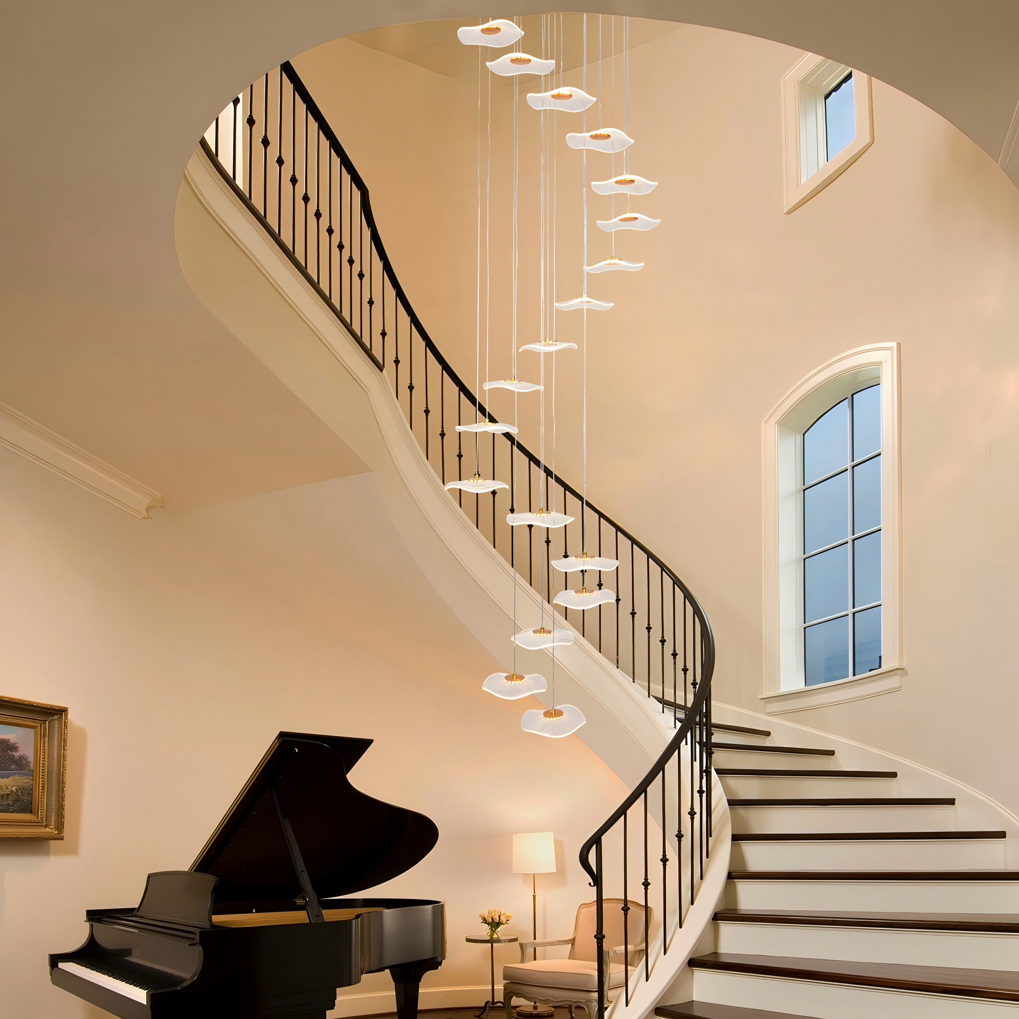Modern Spiral Lotus Leaf Chandelier - Dimmable 18-Light LED Pendant with Remote for High Ceilings