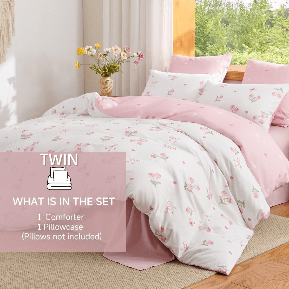 JOLUSERE Pink Tulip Twin Comforter Set, 2-Piece Pink Flowers Reversible Soft Bedding Set or Adults All Season